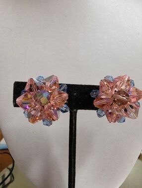 Vintage Pink and Blue AB Finish Bicone Crystal Starburst Flower Clip On Earrings